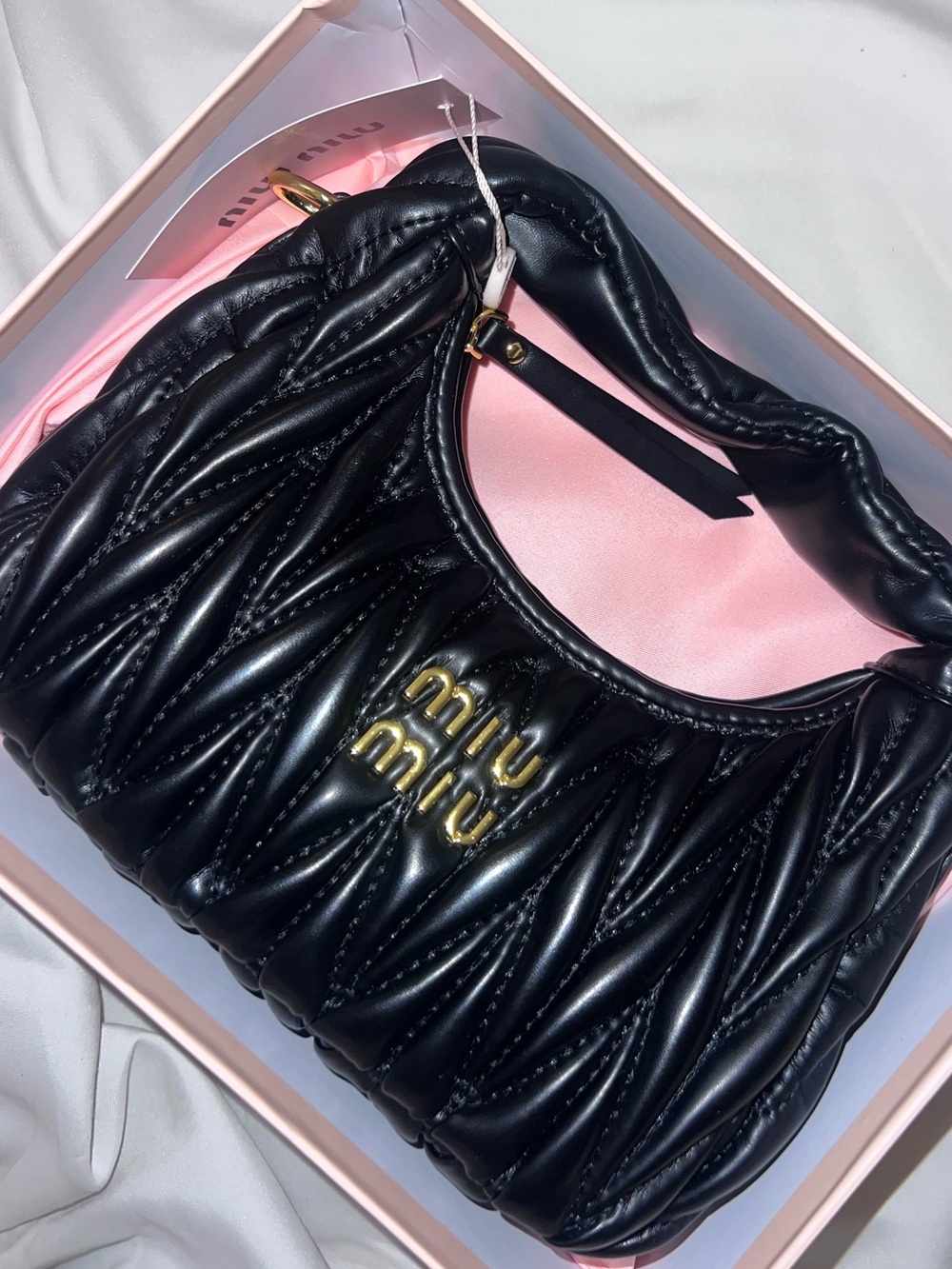 Black Matelassé Ruched Mini Shoulder Bag